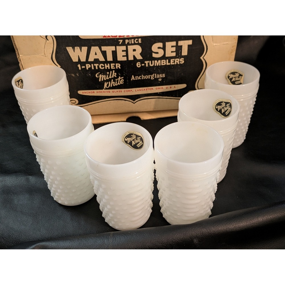 Anchor Hocking Milk White Hobnail Water Set 7 Piece Pitcher & Tumblers with Box - Picture 10 of 16